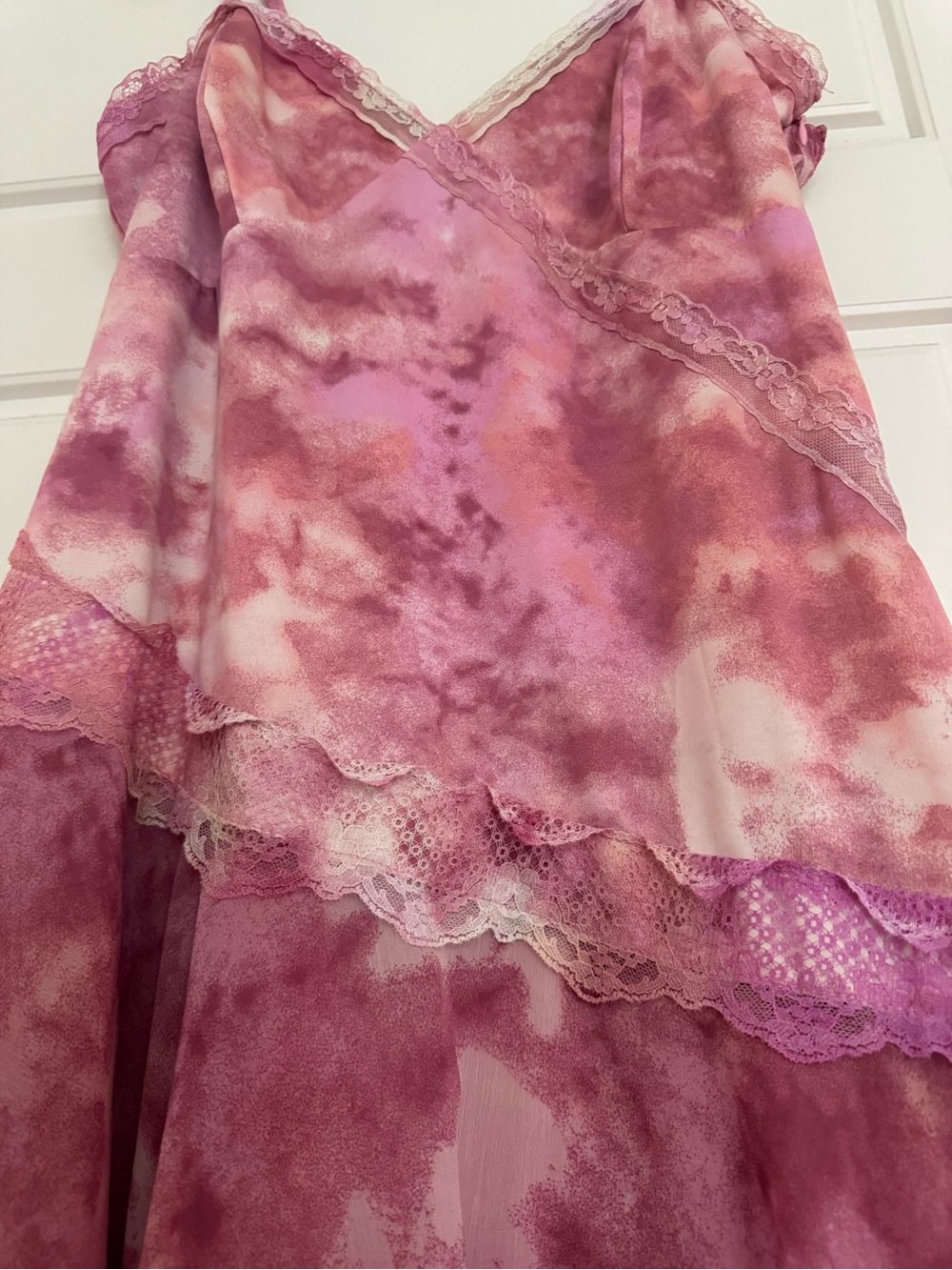Asymmetrical Pink Tie-Dye Lace Trim Slip Dress - Picture 3 of 5